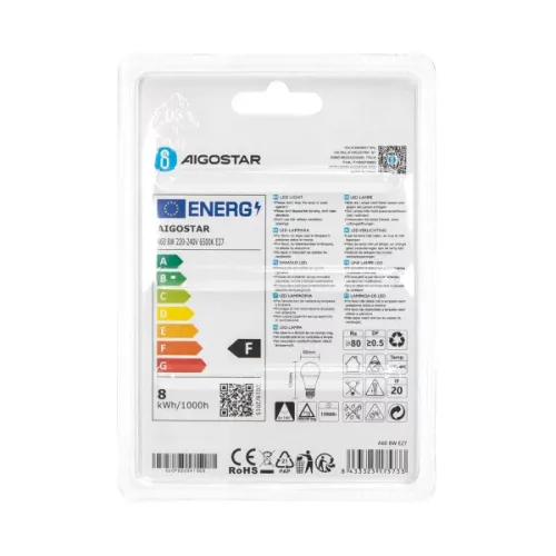 AIGOSTAR LED izzó A60 E27 7W 280° hideg fehér