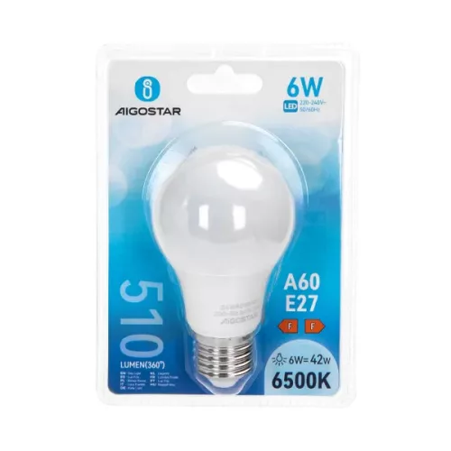 AIGOSTAR LED izzó 6W E27 foglalattal hideg fehér 280°  szórásszögű