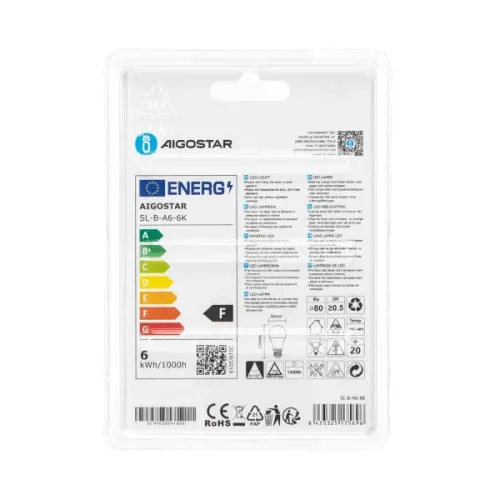 AIGOSTAR LED izzó 6W E27 foglalattal hideg fehér 280°  szórásszögű