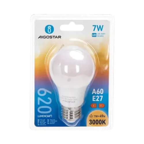 AIGOSTAR LED izzó A60 E27 7W 280° meleg fehér