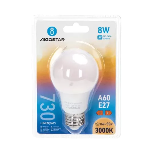 AIGOSTAR LED izzó 8W E27 foglalattal meleg fehér 280°  szórásszögű