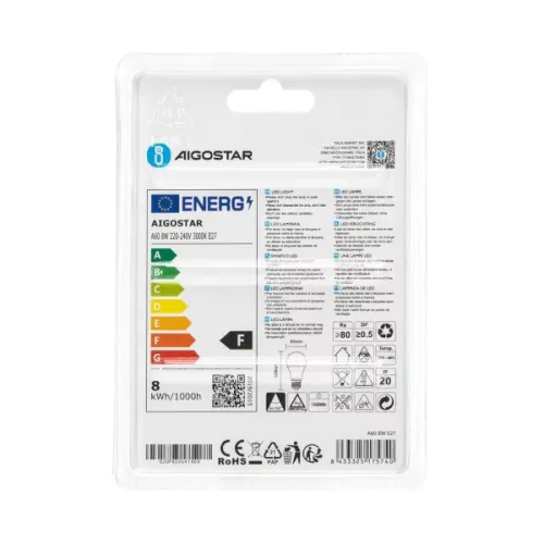AIGOSTAR LED izzó 8W E27 foglalattal meleg fehér 280°  szórásszögű
