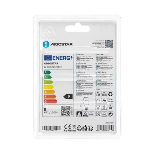 AIGOSTAR LED izzó A60 E27 9W 280° hideg fehér