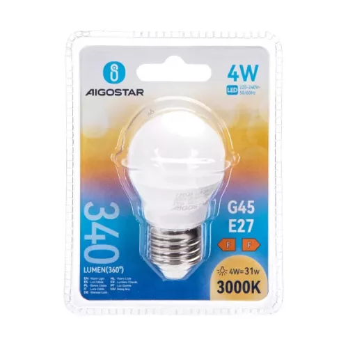 AIGOSTAR LED izzó G45 4W E27 foglalattal  meleg fehér 3 év 