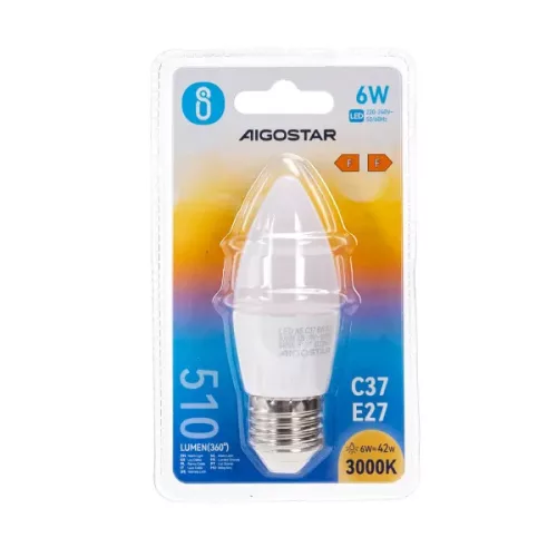 AIGOSTAR LED izzó C37 E27 6W, 270°, meleg fehér