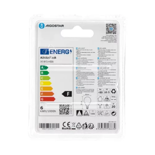 LED izzó G45 gömb 6W E14 Természetes fehér Aigostar