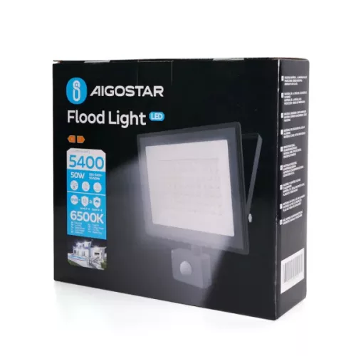 LED SLIM REFLEKTOR MOZGÁS-ÉS SZÜRKÜLETÉRZÉKELŐVEL AIGOSTAR 50W 6400K IP65 FEKETE 