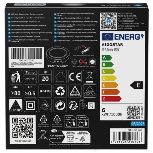 AIGOSTAR MINI LED PANEL E6 KÖR 6W FELÜLETRE SZERELHETŐ HIDEG FEHÉR 