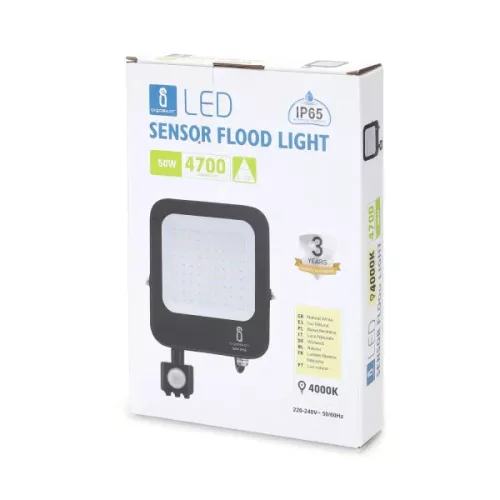 LED REFLEKTOR MOZGÁS-ÉS SZÜRKÜLETÉRZÉKELŐVEL AIGOSTAR 50W 4000K IP65 FEKETE