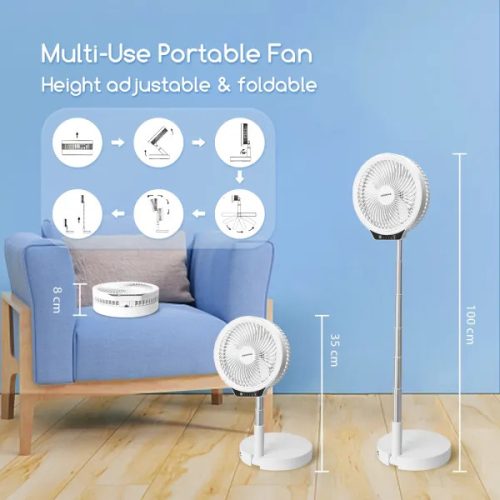 Akumulátoros asztali ventilátor, álítható magasság, led fény,