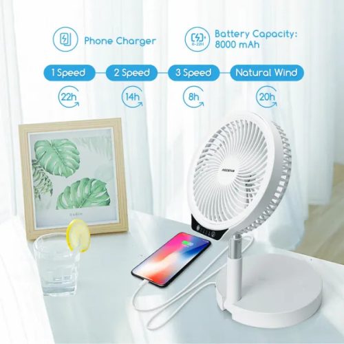 Akumulátoros asztali ventilátor, álítható magasság, led fény,