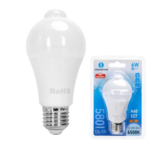 LED izzó mozgásérzékelős A60 E27 6W 200° A5S HIDEG FEHÉR Aigostar