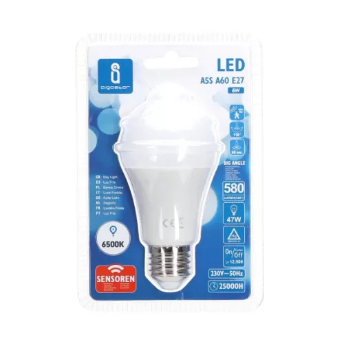 LED izzó mozgásérzékelős A60 E27 6W 200° A5S HIDEG FEHÉR Aigostar