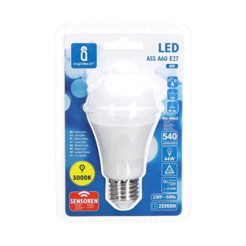 LED IZZÓ MOZGÁSÉRZÉKELŐS A60 E27 6W 200° A5S MELEG FEHÉR AIGOSTAR