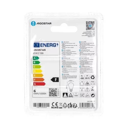 LED izzó G45 E27 6W 3000K Aigostar