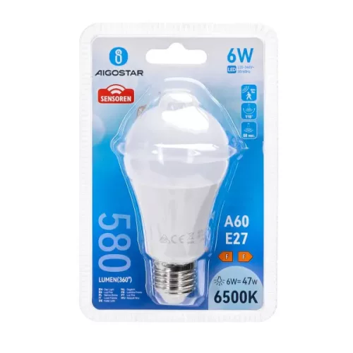 AIGOSTAR LED izzó A60B E27 6W, 280°, hidegfehér