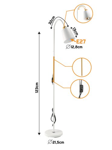 Design állólámpa, Berge Vienna fa/fehér színű állítható magassággal 1xE27-es foglalattal